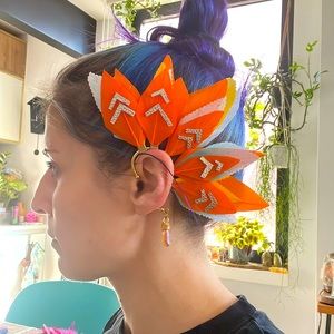 Orange yellow feather ear cuff, pierce free earring, metallic gold leather